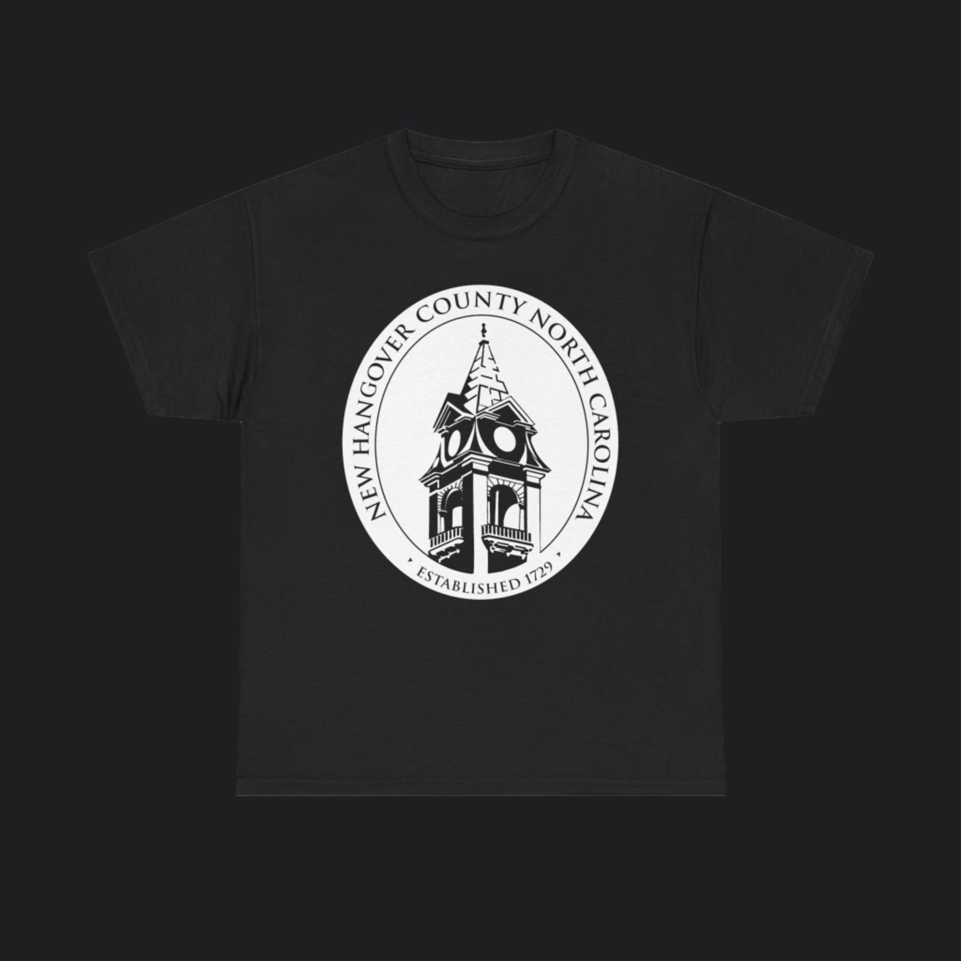 Black short-sleeve t-shirt with New Hangover County seal, New Hanover County North Carolina