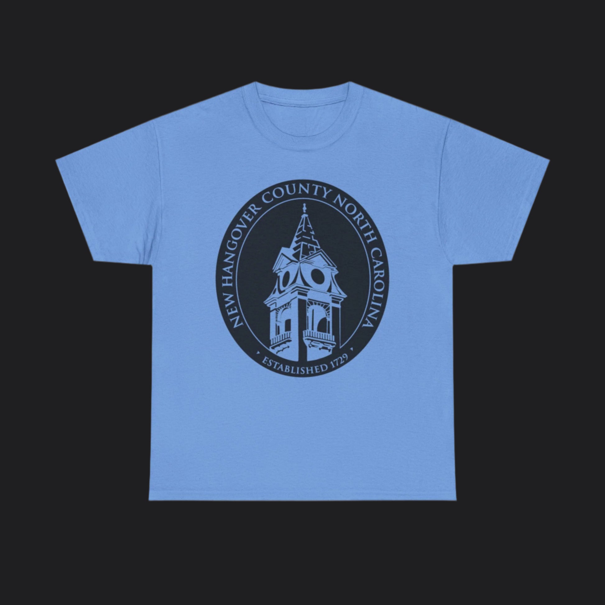 Carolina Blue short-sleeve t-shirt with New Hangover County seal in black, New Hanover County North Carolina