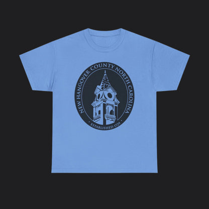 Carolina Blue short-sleeve t-shirt with New Hangover County seal in black, New Hanover County North Carolina