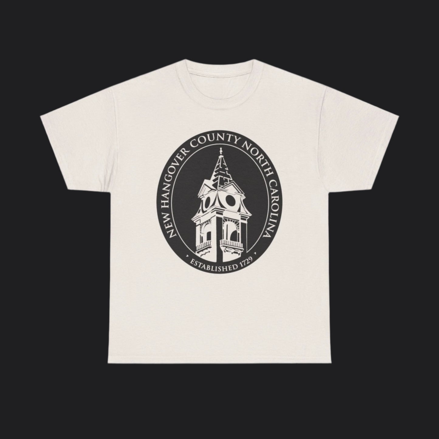 Ice Grey short-sleeve t-shirt with New Hangover County seal in black, New Hanover County North Carolina