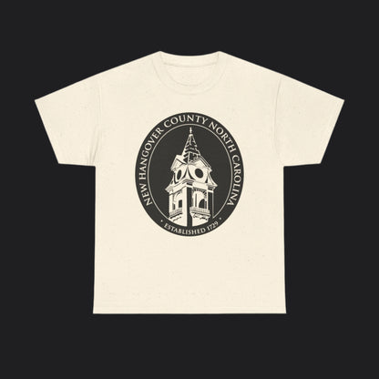 Natural short-sleeve t-shirt with New Hangover County seal in black, New Hanover County North Carolina