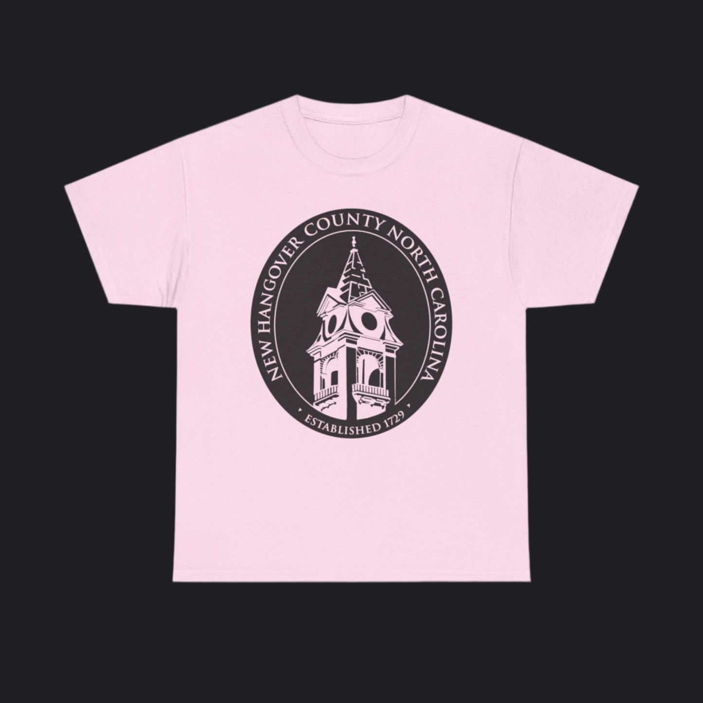 Pink short-sleeve t-shirt with New Hangover County seal in black, New Hanover County North Carolina