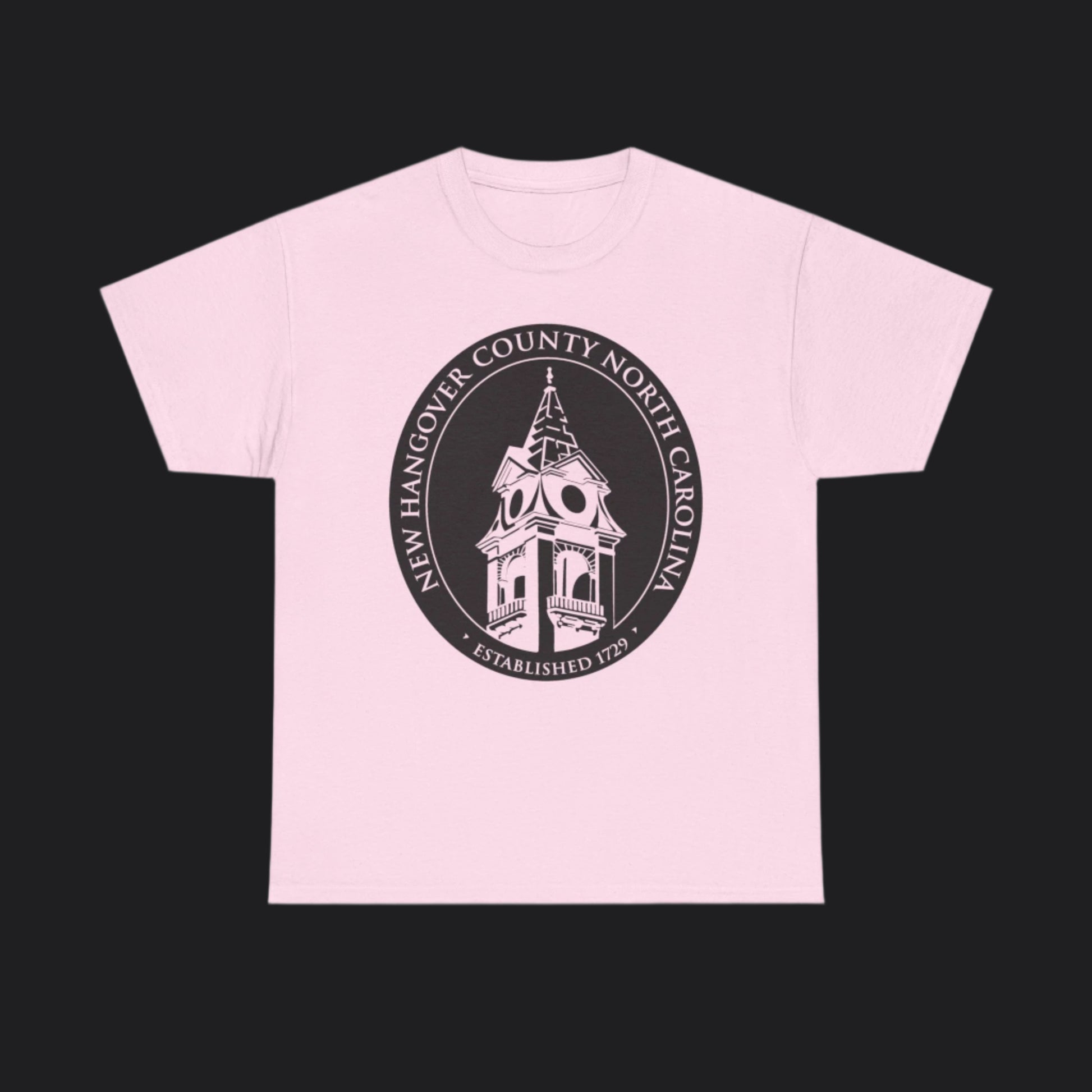 Pink short-sleeve t-shirt with New Hangover County seal in black, New Hanover County North Carolina