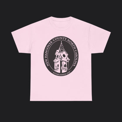 Pink short-sleeve t-shirt with New Hangover County seal in black, New Hanover County North Carolina