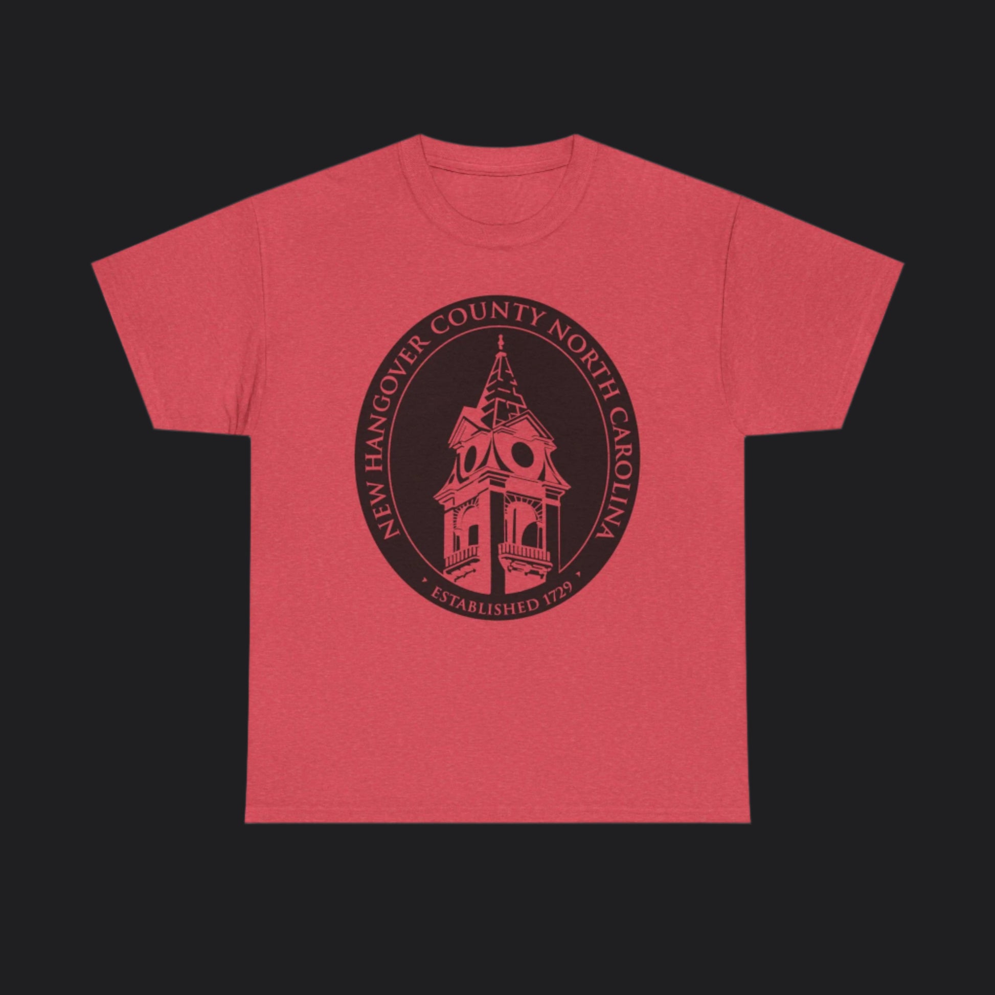 Red short-sleeve t-shirt with New Hangover County seal in black, New Hanover County North Carolina