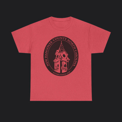 Red short-sleeve t-shirt with New Hangover County seal in black, New Hanover County North Carolina