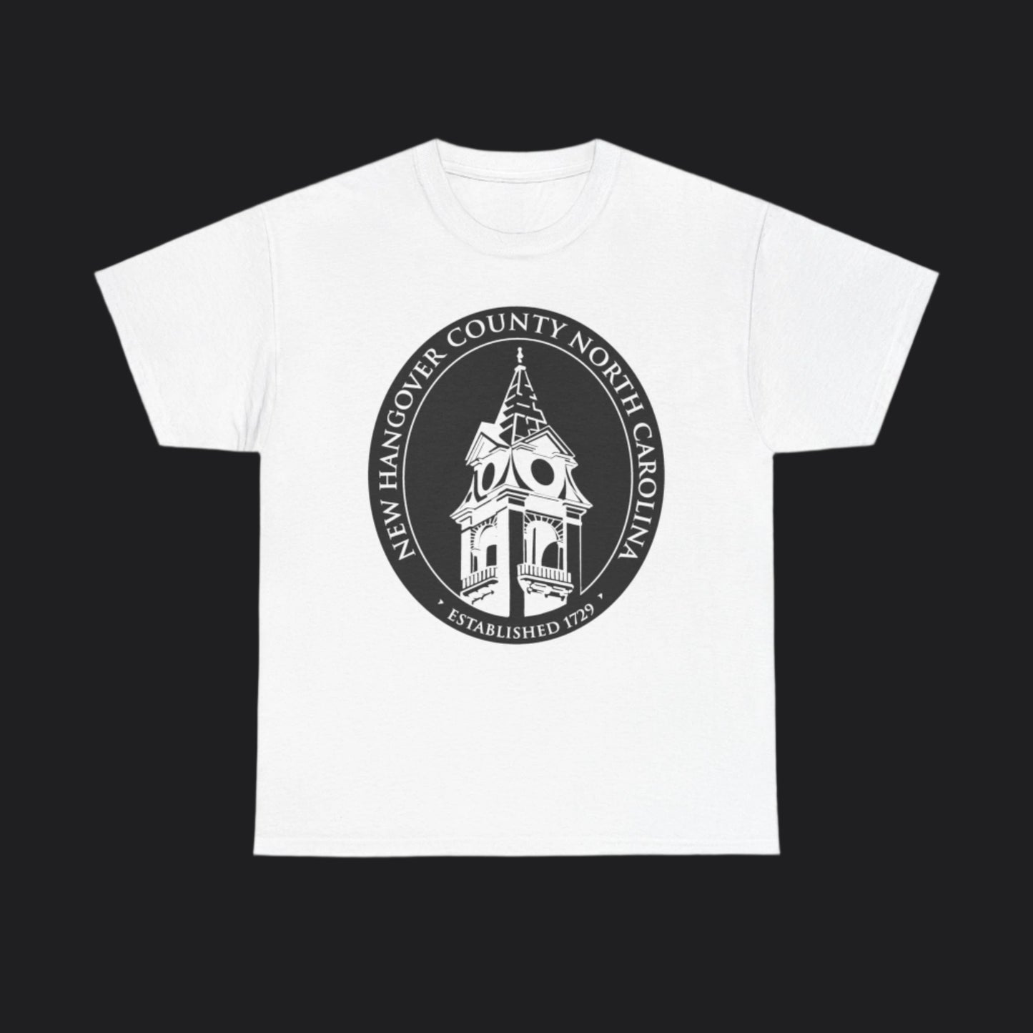 White short-sleeve t-shirt with New Hangover County seal in black, New Hanover County North Carolina
