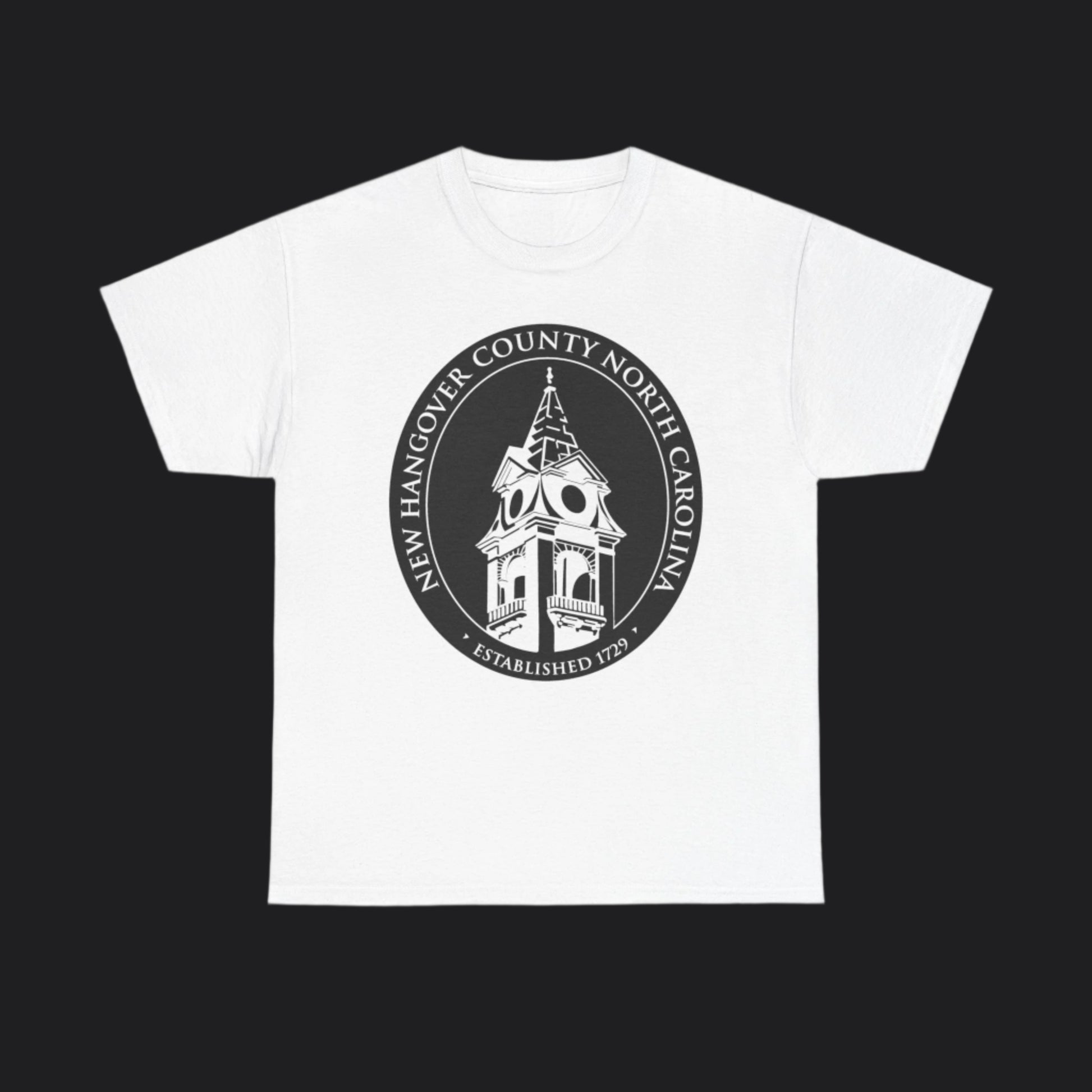 White short-sleeve t-shirt with New Hangover County seal in black, New Hanover County North Carolina