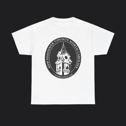 White short-sleeve t-shirt with New Hangover County seal in black, New Hanover County North Carolina
