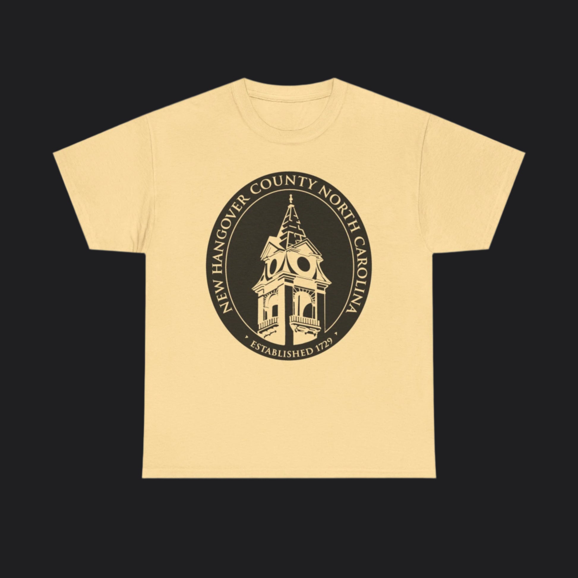 Yellow short-sleeve t-shirt with New Hangover County seal in black, New Hanover County North Carolina