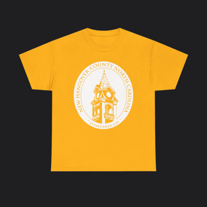 Gold short-sleeve t-shirt with New Hangover County seal, New Hanover County North Carolina