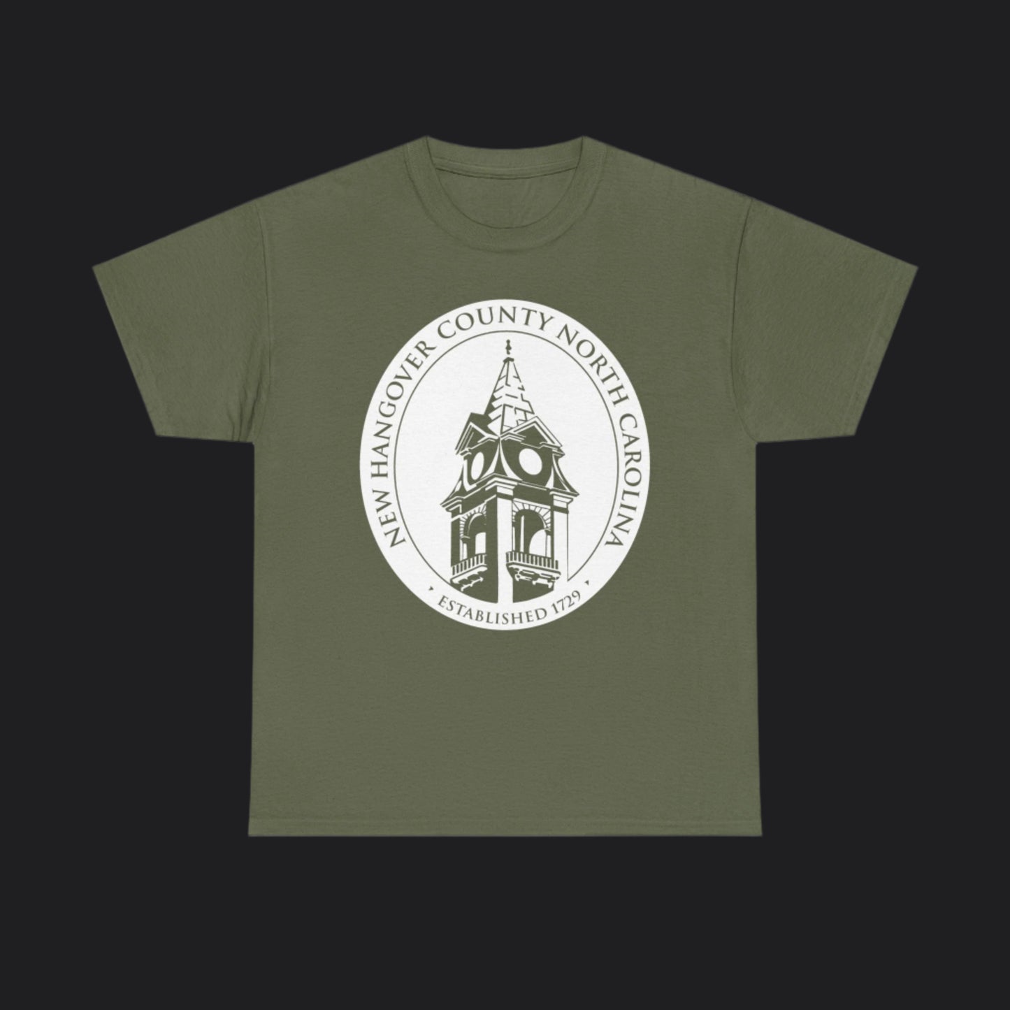 Military Green short-sleeve t-shirt with New Hangover County seal, New Hanover County North Carolina