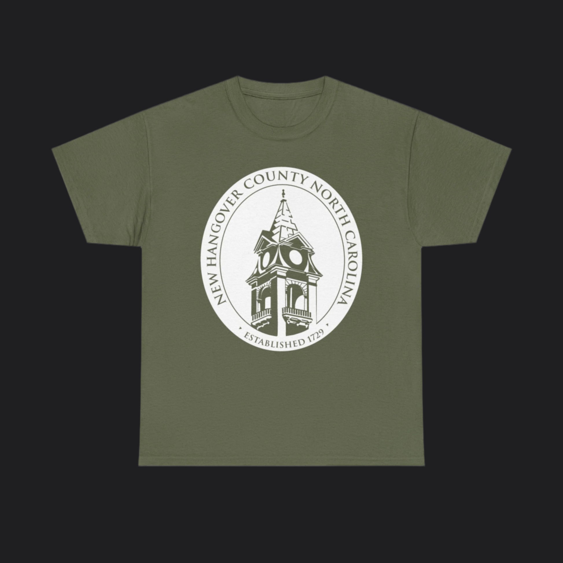 Military Green short-sleeve t-shirt with New Hangover County seal, New Hanover County North Carolina