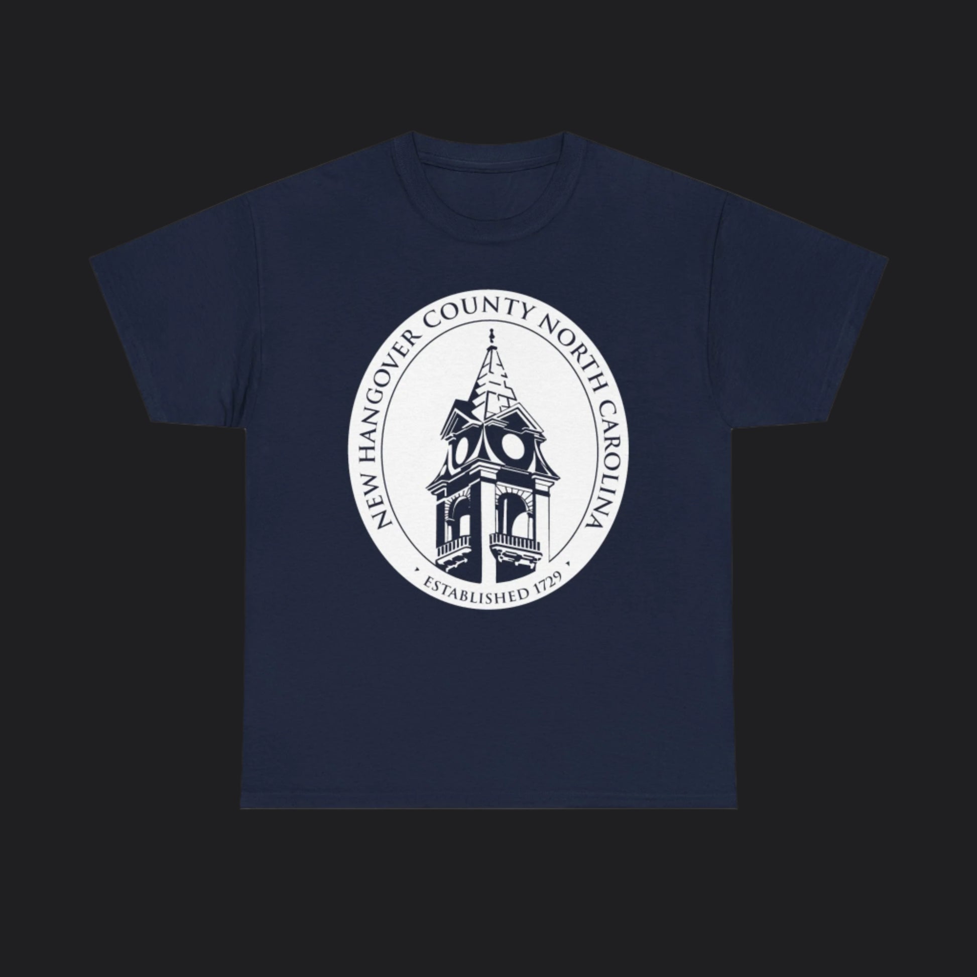 Navy short-sleeve t-shirt with New Hangover County seal, New Hanover County North Carolina